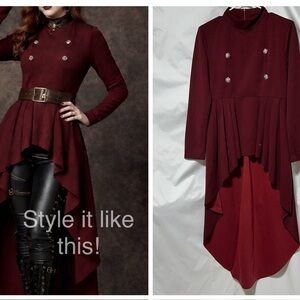 Burgundy Steampunk High-Low Peplum Top | Mock Neck | Victorian Goth M
